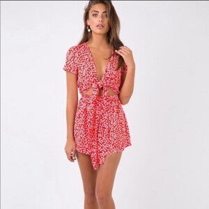 Princess Polly Virgo red floral tie front romper